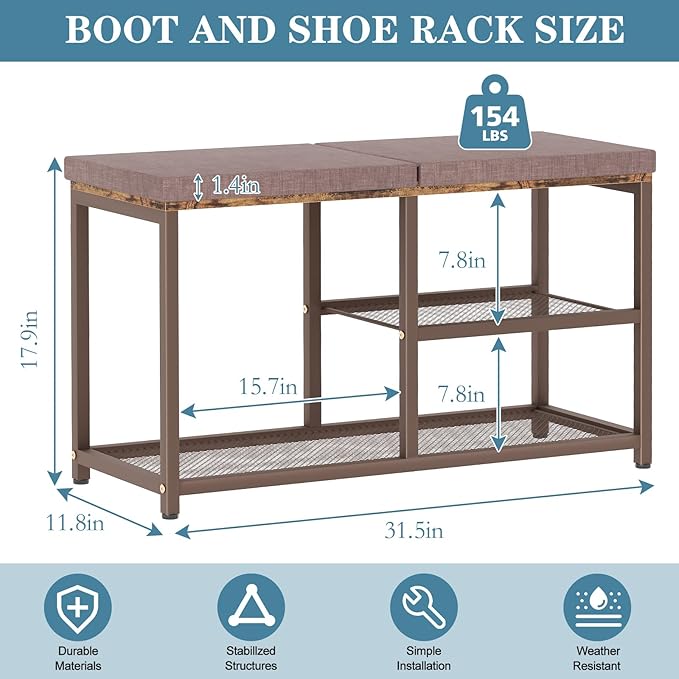 Shoe Rack Bench for Entryway 3-Tier, Free Standing Shoe Racks with Seat Cushion, Narrow Shoe Storage Shelf with Boot Organizer, Shoe Rack for Small Spacesh with Wood Bench (Brown + Coffee)