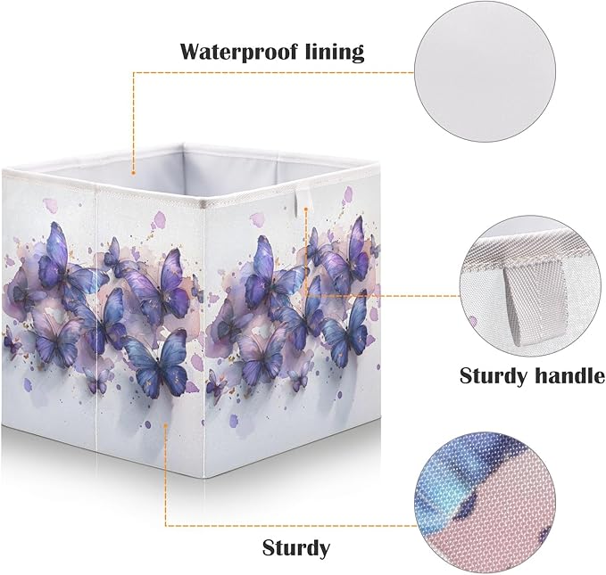 Bolaz Butterflies Purple Watercolor Closet Organizers Storage Cubes Storage Bins Shelf Baskets Containers for Home Room Office,Rectangle