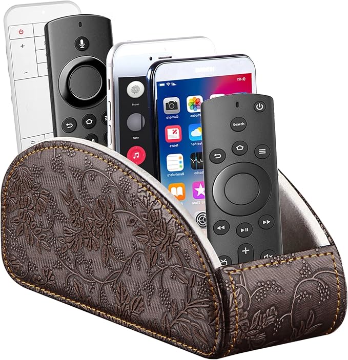 TV Remote Control Holder with 5 Compartments,Pu Leather Remote Caddy/Box/Tray Nightstand Desktop Storage Organizer Store DVD,Blu-Ray,Media Player,Heater Controllers, Makeup Office Supplies