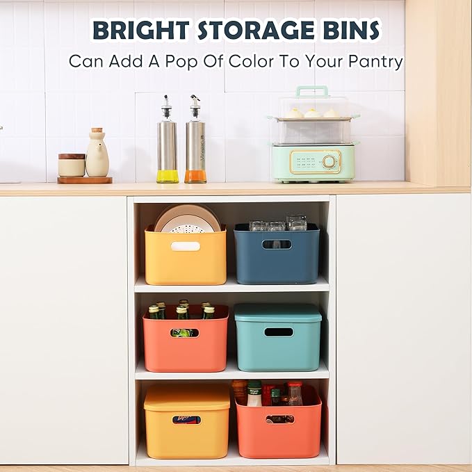 Plastic Storage Bins with Lid, Stackable Storage Containers for Organizing, Decorative Storage Baskets for Shelves Living Room Playroom Classroom Office (Medium 2PCS (Blue+Green))