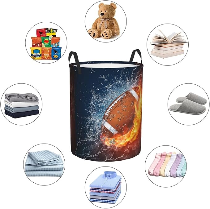 American Football Ball In Fire And Water Round Laundry Hamper Sport Rugby Storage Basket Toys Clothes Organizer Bin For Home Bathroom Bedroom Dorm Nursery, 38l