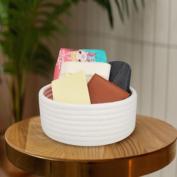 ABenkle Small Woven Basket, Empty Tiny Shallow Storage Basket, Mini Cotton Rope Baskets, Round Decorative Hamper, Basket Storage Bins for Toys, Spa, Socks, Nursery, Living Room- White