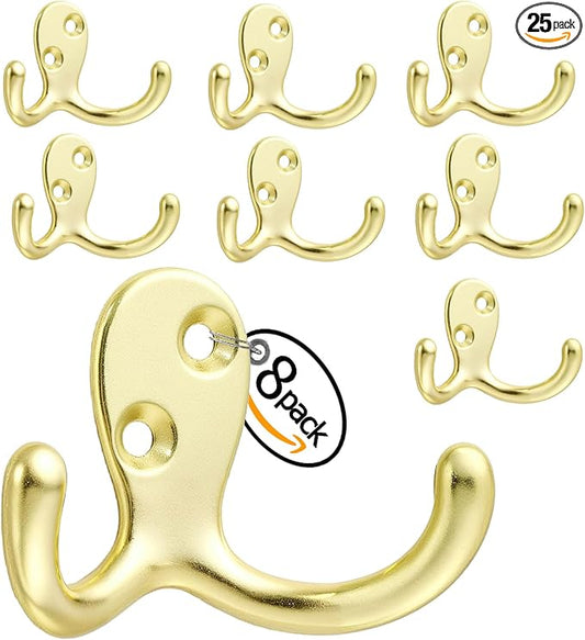 Double-Prong Coat Hooks Wall Mounted - 8 pack Gold Wall Hooks for hanging - Great for Living Room, Bedroom, Bathroom, Closet for Coat, Bag, Towel, Hat, Key, Cup, Watch, Heavy-Duty, Easy to Install