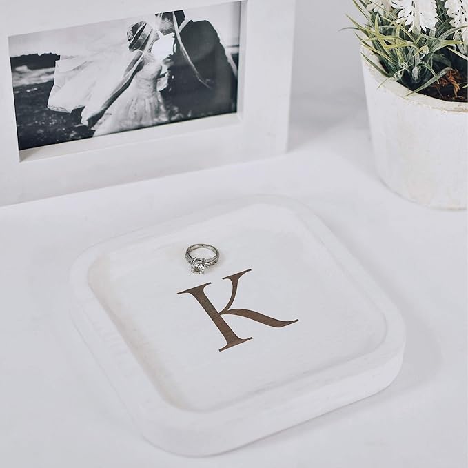 I'm Wooden Personalized Letter Catchall Valet Tray Trinket Dish Jewelry Tray Key Bowl Decorative Plate Organizing Ring Earrings Necklaces Bracelet Watch Coins Wallet Holder (6"x6" Sq White K)