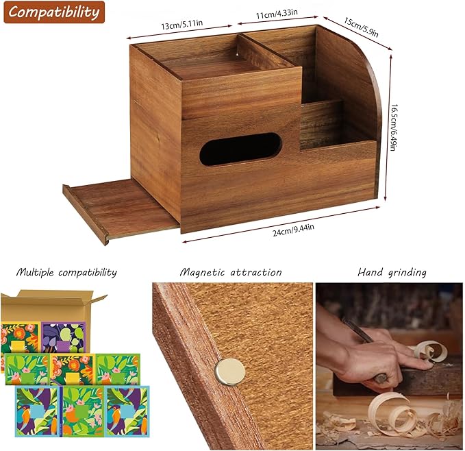 BIBELUN Wood Tissue Box Cover Square with Tray and Remote Holder,Multifunctional Tissues Cube Box Organizer/Shelf/Rack,Napkin Storage Box for Bathroom,Vanity Countertop,Nightstand,Office,Home Decor