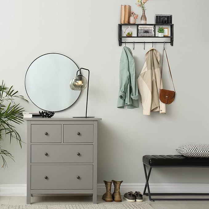 HBCY Creations Wall Mounted Shelf with Coat Hooks and Baskets, Solid Wood Entryway Organizer Wall Shelf with Hooks - Hang Coats, Keys or Coffee Mugs, Rustic Blackwash 24" Wide