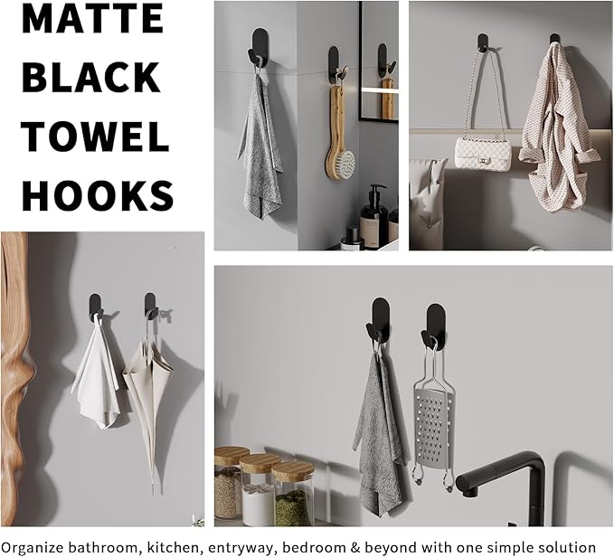 Adhesive Towel Hooks for Bathrooms 4 Pack Matte Black Stainless Steel and Zinc Alloy Sticky Wall Hooks for Hanging Heavy Duty Self Adhesive Robe Shower Hanger for Kitchen, Closet, Cabinet, Door