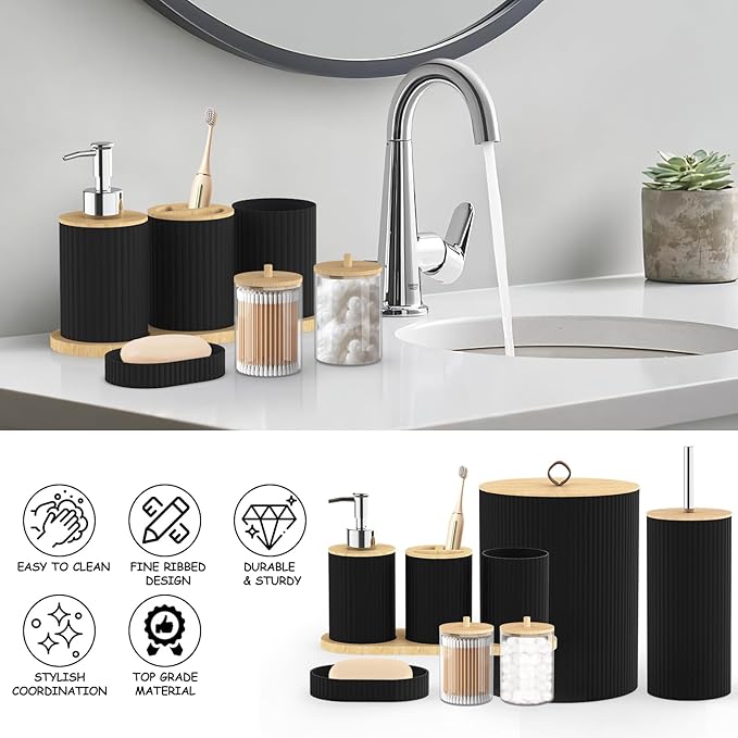 Bathroom Accessories Set - 22PCS Black Bathroom Set with Shower Curtain,Trash Can,Toilet Brush Holder Set & Soap Dispenser – Stylish & Functional Bath Decor for Home, Apartment