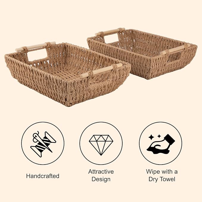 OIAHOMY Storage Baskets, Small Paper Rope Wicker Organizers with Wooden Handles, Baskets for Organizing, 2-Pack, Yellow
