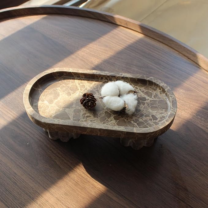 Natural Travertine Marble Oval Tray with 2 Legs, 10" Vanity Decorative Tray for Countertop Organizer, Catchall Tray for Perfume, Candles, Jewelry Dishv