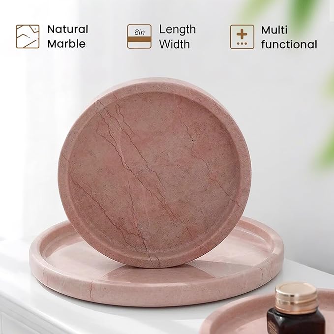 Natural Marble Tray, Round Pink Tray for Bedroom/Bathroom/Kitchen/Vanity Countertop, Jewelry Tray for Rings Earrings Necklace Bracelet Watch, Room Decor Aesthetic