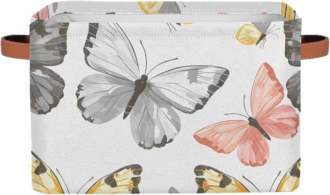 Cute Storage Bins for Organization, Canvas Book Storage Bins Handles, Bedroom Shelves Decorative Baskets for Organizing, Fabric Cube Bin Classroom Dorm Closet Organizer Box (Butterflies)