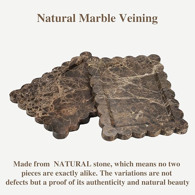 Rectangle Marble Tray with Scalloped Edge, Dark Brown Decorative Tray for Bathroom Vanity, Kitchen Counter, Dresser Top Organizer, Perfume Jewelry Holder, 11x8 Inch Natural Stone Home DÃ©cor