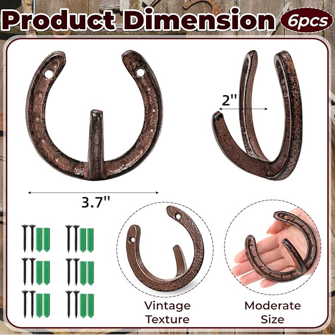 6 Pack Cast Iron Wall Hooks, Vintage Heavy Duty Wall Mounted Horseshoe Hanger, Multiuse Coat Hook Farmhouse Decor for Hanging Hat Key Towel Bag