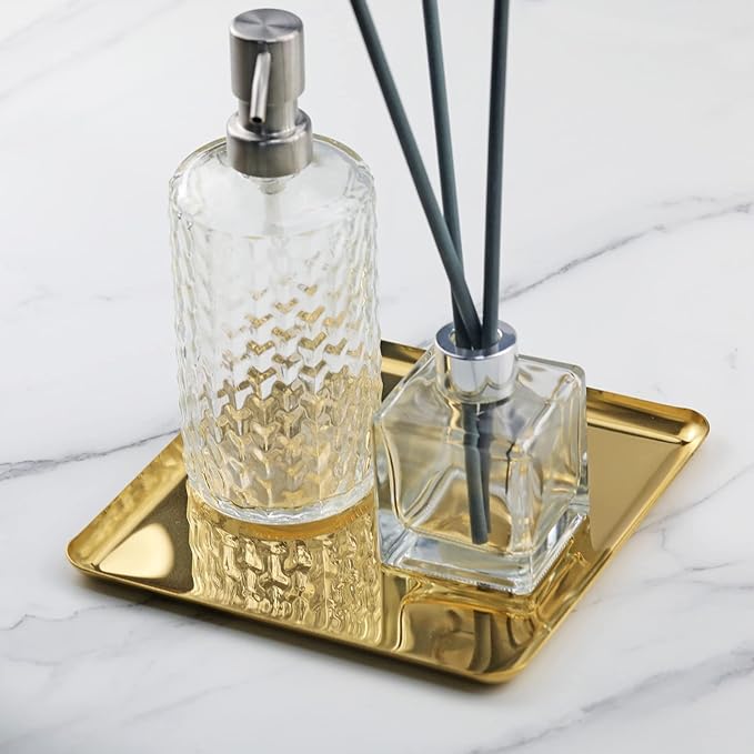 FREELOVE Metal Decorative Tray, Catchall Trays for Candle Tools Napkin Holder, Perfume Jewelry Organizer Makeup Trinket Dish, Dresser Vanity Counter Coffee Table Decor, Mirror Gold, 8''X8''