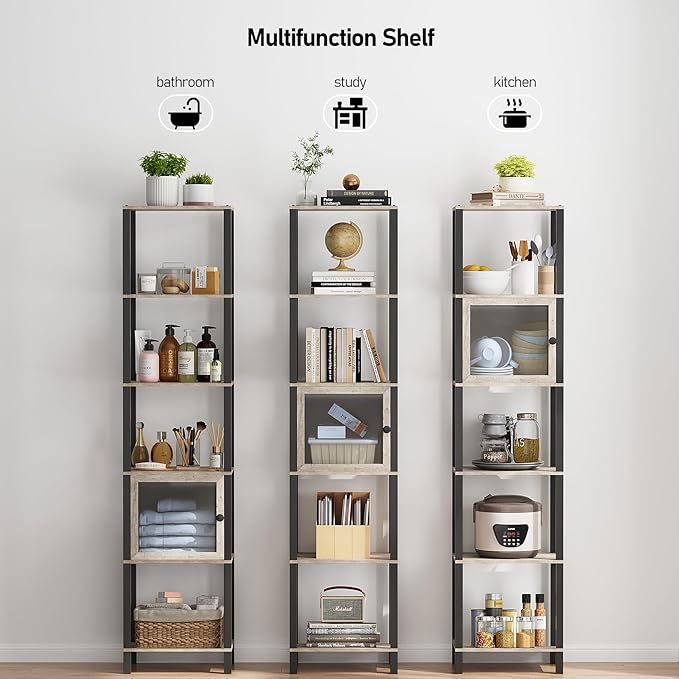 TUTOTAK 6 Tier Bookcase and Bookshelf, Narrow Book Shelf with Door for Small Space, for Living Room, Office, Study, Entryway, Greige BS03BG006