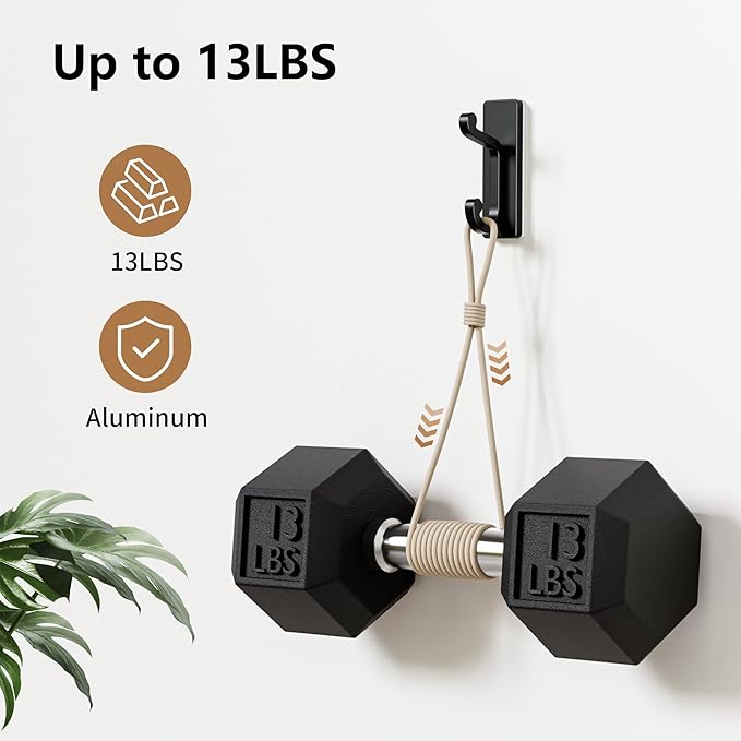 Self Adhesive Wall Hooks Black, Sticky Hangers Wall Mount, Holds 13Lbs for Clothes, Towel, Robes, Keys, Double Hooks for Bathroom, Bedroom and Door, 4 Pack.