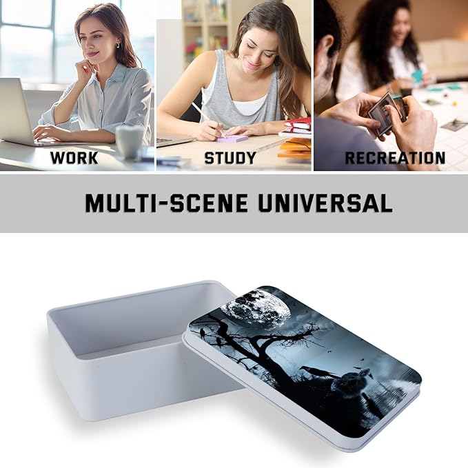 Metal Tin Box with Lid,Multi-functional Storage Box Can Store Tea Biscuits Game Cards, Playing & Tarot Cards-Comes with 4 Magnetic Cord Clips,Raven Moonlight Scene