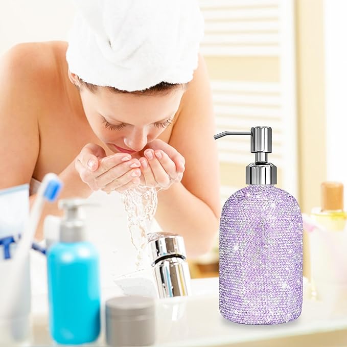 SlowVibes 18Oz Bling Purple Glass Soap Dispenser With Rust Proof Stainless Steel Pump,Refillable Liquid Hand Wash Bottle For Bathroom Kitchen,Sparkle Decorative Rhinestone Shower Lotion Dish Dispenser
