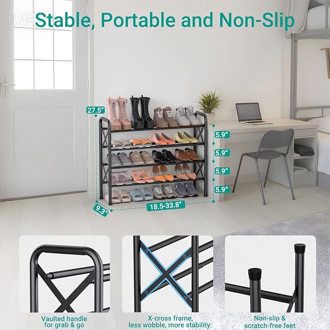 4-Tier Expandable Shoe Rack for Closet Floor, X-Frame Metal Small Shoe Rack for Entryway, Adjustable Shoe Shelf Organizer, Free Standing Shoe Racks for Front Door Entrance, Garage - Black