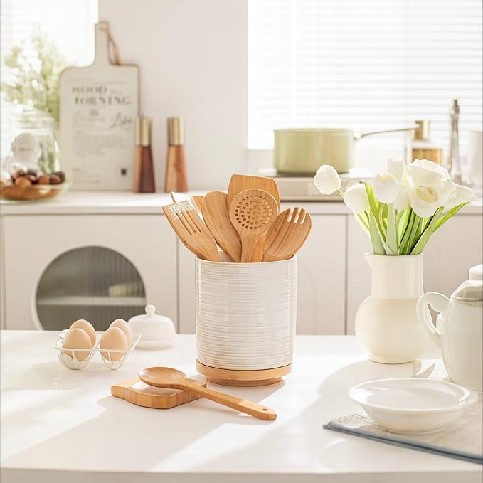 Utensil Holder, Ceramic Kitchen Spatula Holder For Countertop, 7.6" Large Utensil Organizer for Spoon, 360° Rotating Cooking Utensil Crocks Farmhouse Kitchen Counter Decor 9 Pcs White