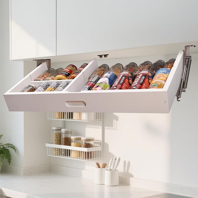 Pull Down Under Cabinet Spice Rack, Kitchen Storage Organizer, Counter Space Shelf (Spice rack M)