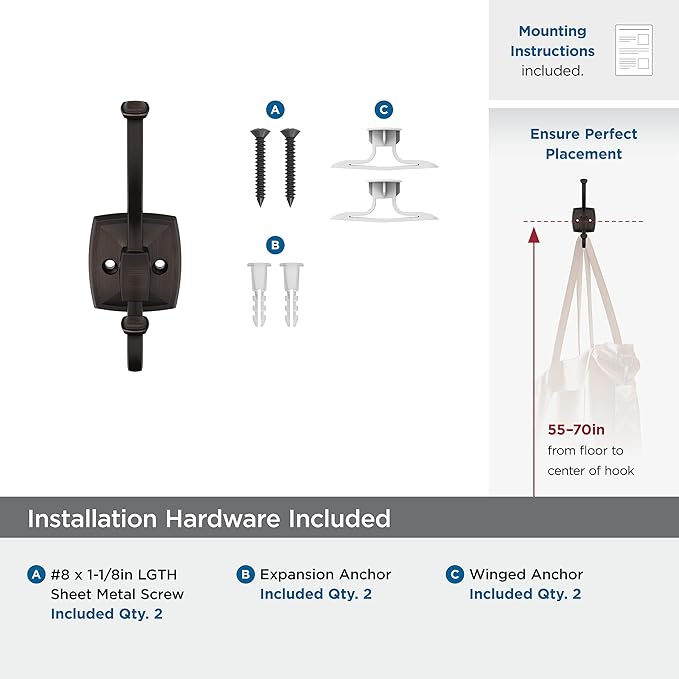 Amerock H37002ORB | Kinsale Double Prong Decorative Wall Hook | Oil Rubbed Bronze Hook for Coats, Hats, Backpacks, Bags | Hooks for Bathroom, Bedroom, Closet, Entryway, Laundry Room, Office