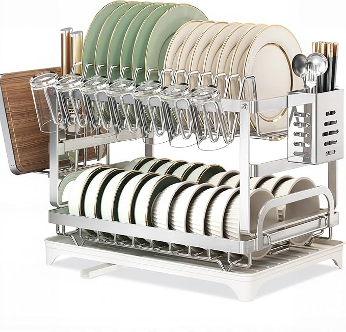 LemonRoad 2 Tier Dish Drying Rack Set Large Capacity Stainless Steel Dish Drainer Rack for Kitchen Counter Removable Plate Strainer Shelf with Drain Board Utensil Holder Drain Spout Cup Holder, Sliver