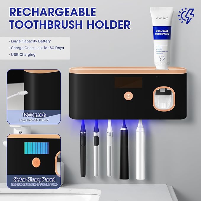 Smart Toothbrush Holder for Bathroom with Toothpaste Dispenser, USB Charging with 5 Toothbrush Slots for Family (Black)