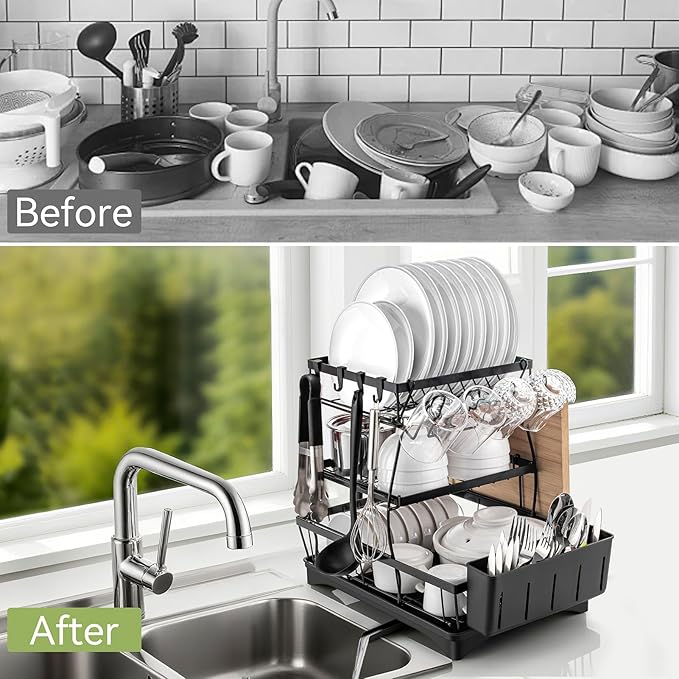 Dish Drying Rack for Kitchen Counter - 3 Tiers Stainless Steel Over Sink Dish Drainers, Space Saving Detachable Large Countertop Organizer with Utensil Holder, Cutting Board Rack (Black)