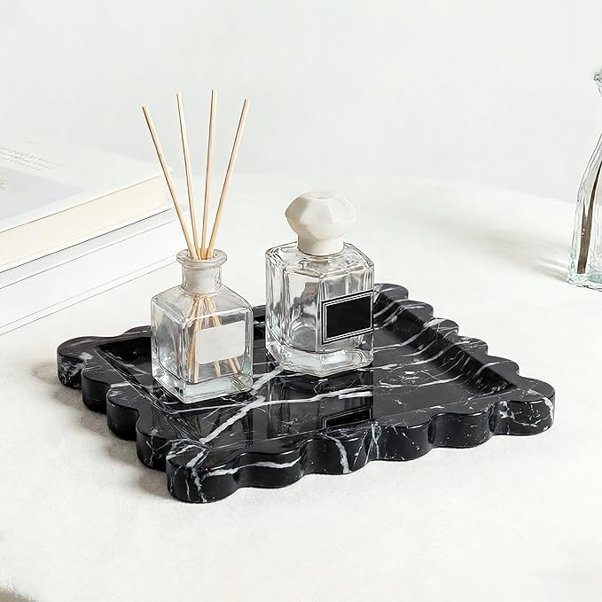 Elegant Square Marble Decorative Tray with Scalloped Edge Natural Stone Vanity Tray Organizer for Counter, Vanity, Dresser, Nightstand, Bathroom & Kitchen Sink(Black)