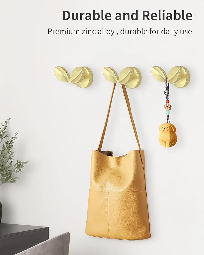 Decorative Coat Hooks Wall Mount, Unique Wall Decor Hooks for Hanging Towel Key Purse Hat Robe Clothes Cute Dual Leaves Hanger Hook for Bathroom Shower Closet Entryway Brushed Brass 4 Pack