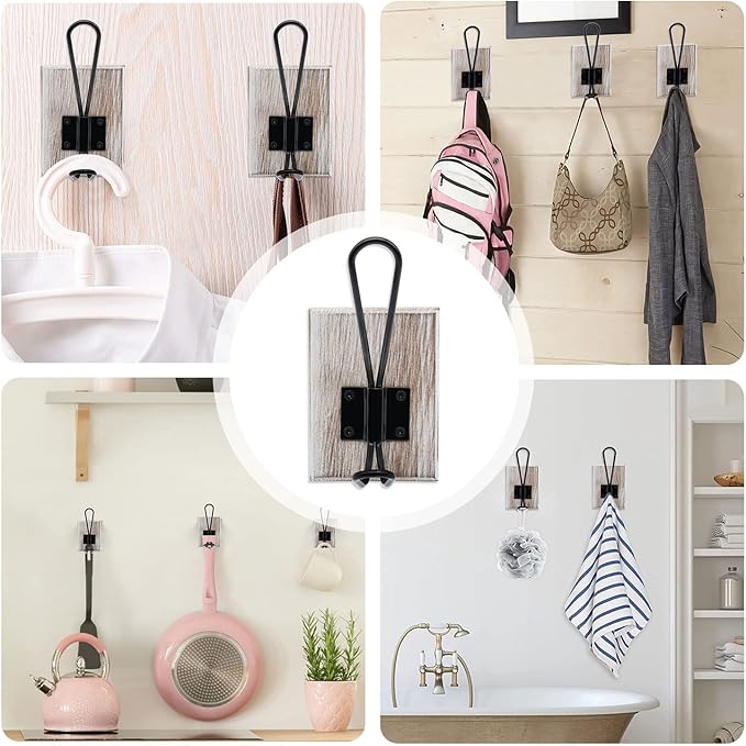 Wall Hooks for Hanging,Coat Hooks,Hat Hangers for Wall,2 Pack Adhesive Towel Hooks for Bathroom,Wood Coat Rack for Robe Keys Purse(Weathered White)