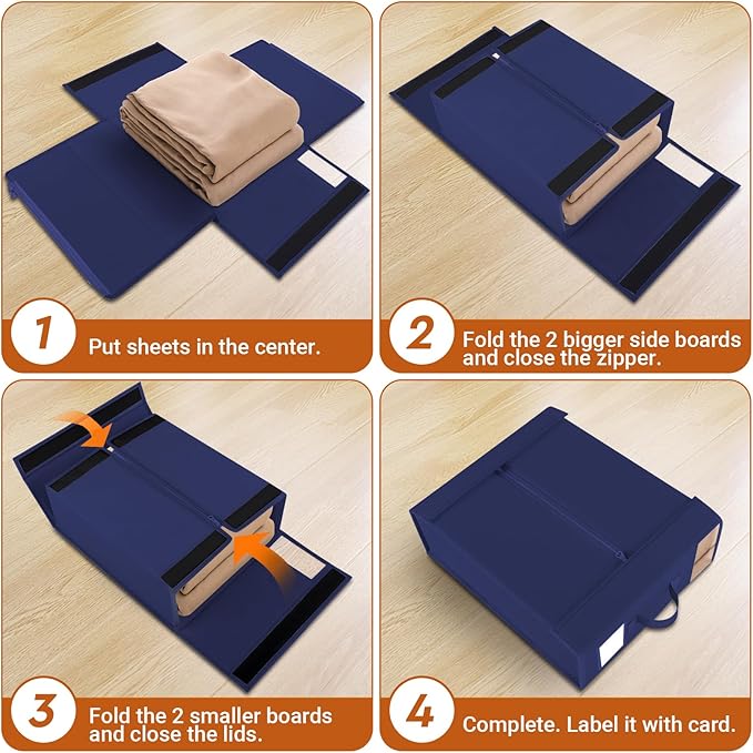 8 Pack Bed Sheet Closet Organizers and Storage,Sturdy Foldable Storage Containers with Window and Label,Storage and Organization for Bedding Sheets,Duvet Covers,Blankets (Blue)