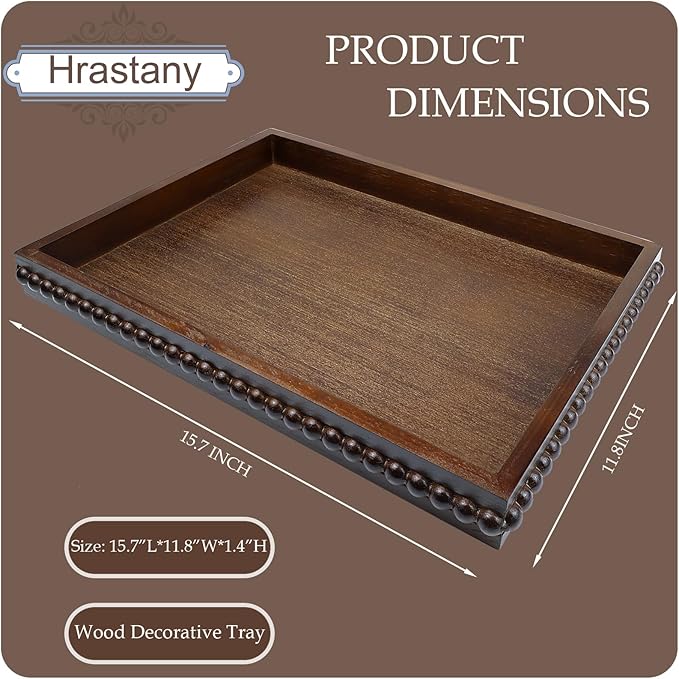 Wood Decorative Tray, Distressed Outdoor Serving Tray with Wooden Bead for Ottoman, Coffee Table, Entertaining, Home Decor, Rectangular 15.7â*11.8â*1.57â (Dark Brown)
