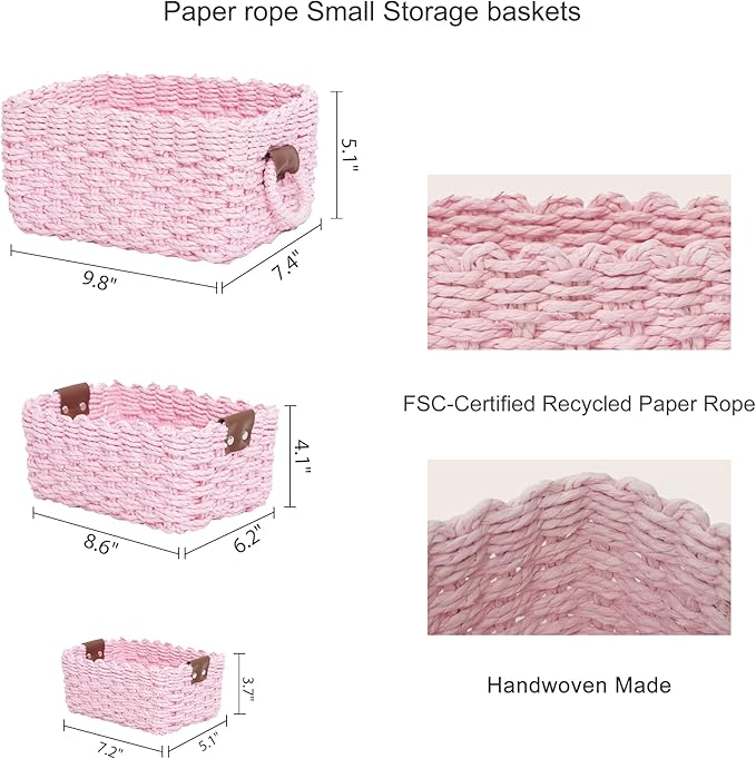 Small baskets for Organizing,Cute woven Storage basket with recycled paper rope for Shelves Bathroom,Little decorative basket,Set of 3 (Pink)
