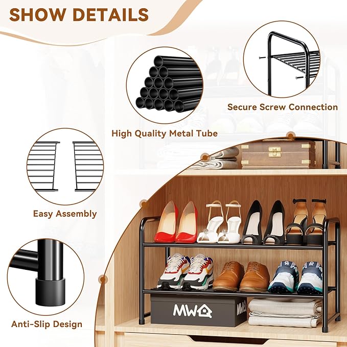 Shoe Rack 2 Tier, Metal Shoe Storage Organizer Shelf for Closet, Stackble & Adjustable, Black
