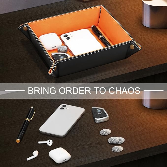 SITHON Valet Tray Desktop Storage Organizer â Premium PU Leather Catchall Bedside Vanity Tray Nightstand Caddy Holder for Remote Controller, Keys, Phone, Wallet, Coin, Jewelry (Orange)
