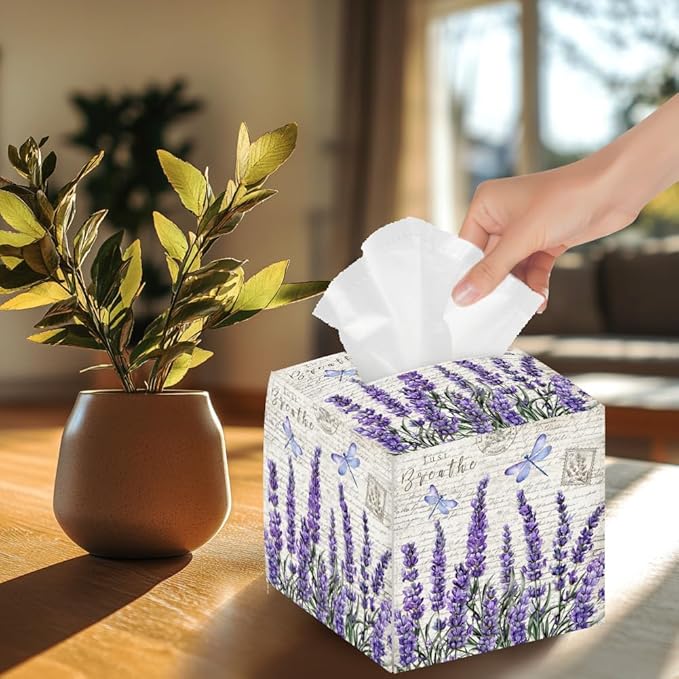 Lavender Tissue Box Holder, Flower Square Tissue Box Cover Foldable Tissue Storage Box Waterproof Paper Towel Case Container Organizer Tissue Box Holder for Bedroom Bathroom Car Nightstand