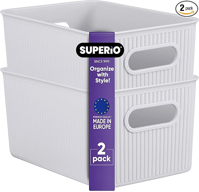 Superio Ribbed Collection - Decorative Plastic Basket Open Home Storage Bins Organizer, Medium White Smoke (2 Pack) Container Boxes for Organizing Closet Storage Bins for Shelves Drawer Shelf 5 Liter