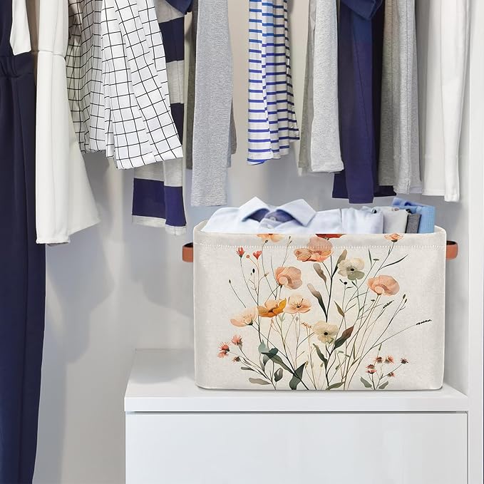 Floral Large Fabric Storage Basket for Shelves Organizing, Rectangular Closet Organizer with Handles, Wildflower Botanical Plant Decorative Foldable Closet Storage Basket