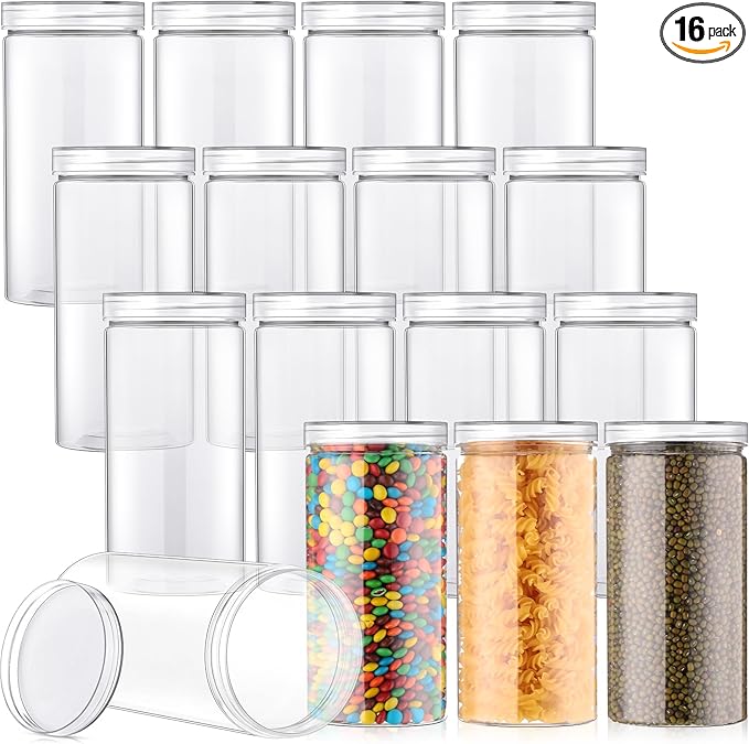 Dandat 16 Pack 30 oz Plastic Jars with Lids Plastic Mason Bottles Container Canister Wide Mouth Cylinders Kitchen Home Organize Storage for Dry Good, Spice, Honey, Candy, Peanut Butter(Clear)