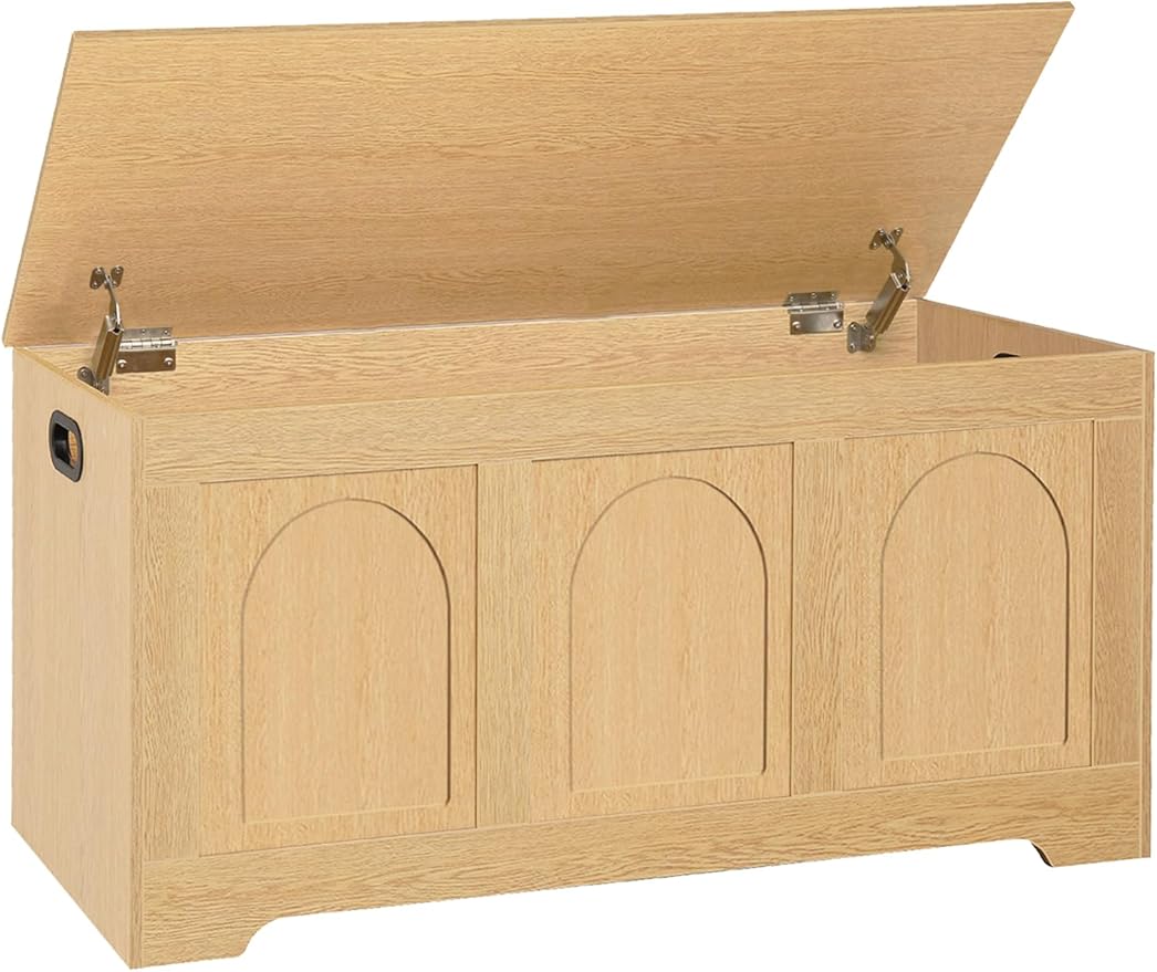 DINZI LVJ Storage Chest, 39.4âWooden Storage Box with 2 Safety Hinges, Entryway Shoe Bench with Flip-Top, Trunk for Living Room, Bedroom, Easy Assembly, Natural