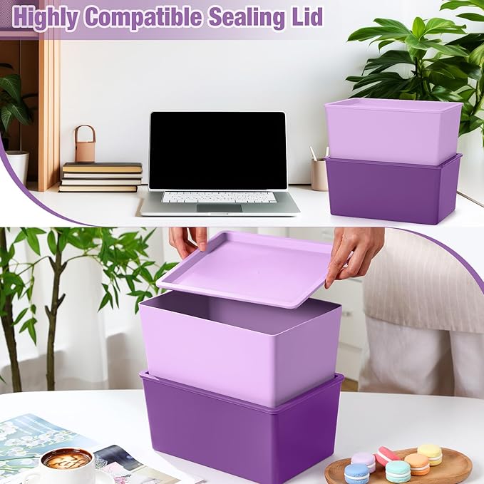 Menkxi 6 Pcs Storage Bins with Lids Small Plastic Storage Containers Stackable Storing Baskets Box Cute Organizer Bins for Organizing Shelves (Purple Series)