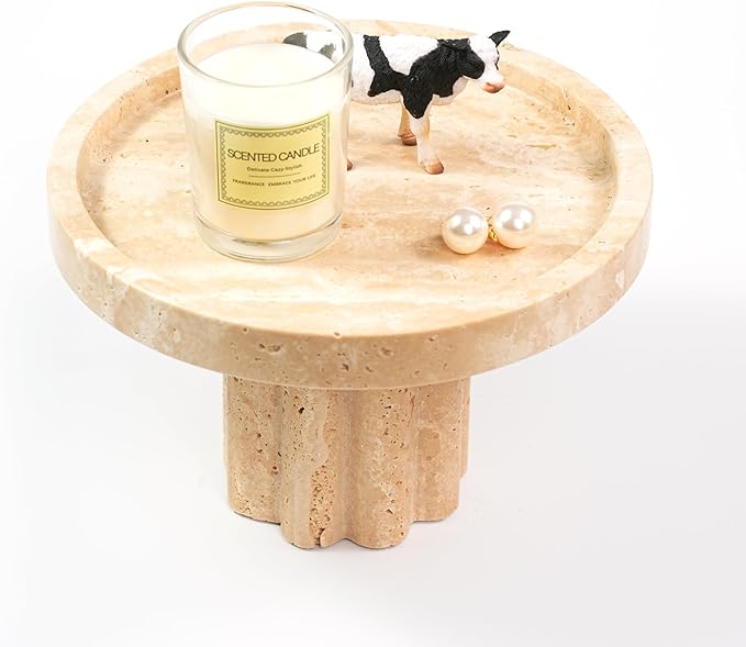 Travertine Marble Perfume Tray - Round Decorative Stone Pedestal with A Scalloped Leg for Bathroom Vanity Coffee Table Kitchen Countertop, Footed Jewelry Holders Organizers