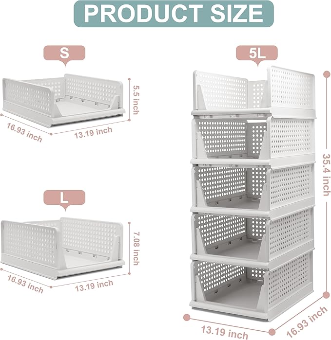 5 Pack Stackable Foldable Storage Baskets - Folding Storage Bins, Multifunctional Closet Organizers for Wardrobe, Cupboard - Space-Saving Clothes Storage Hat Organizer (White, 5L)