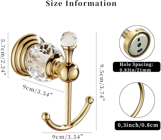 Crystal Gold Towel Hook, Gold Bathroom Robe Hook, Coat Rack Hanger Heavy Sturdy Double Towel Hooks Bath Farmhouse Clothes Hook Wall Mounted Modern for Bathroom Kitchen Washroom
