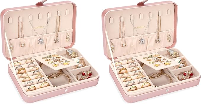 LANDICI Small Jewelry Box for Women Girls, PU Leather Travel Jewelry Case, Portable Jewelry Organizer Storage Holder Display for Ring Earrings Necklace Bracelet Women Kids Gift, Rose Gold (Pack of 2)
