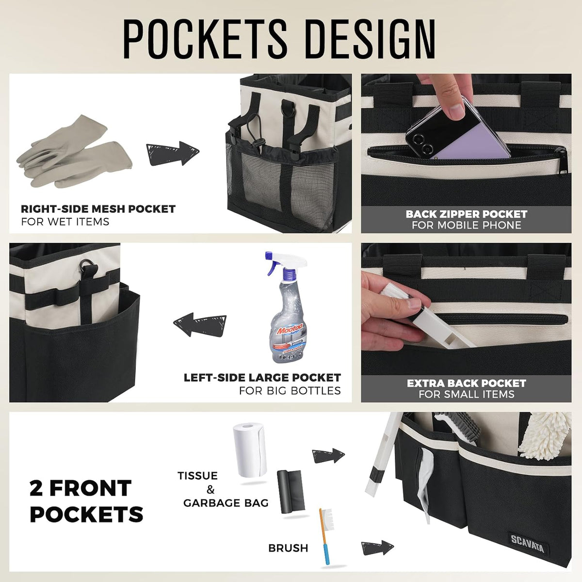 SCAVATA Compact Wearable Cleaning Caddy with Handle & Shoulder Straps Small Cleaning Supplies Organizer, Under Sink & Car Cleaning Tools Storage Bag for Housekeepers Cleaners, Cream White