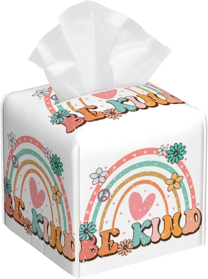 Tissue Box Holder Rainbow and Hippie Flower Square Leather Tissue Box Cover Modern Cube Facial Paper Cover Case for Bathroom Vanity Countertop Night Stands Tabletop